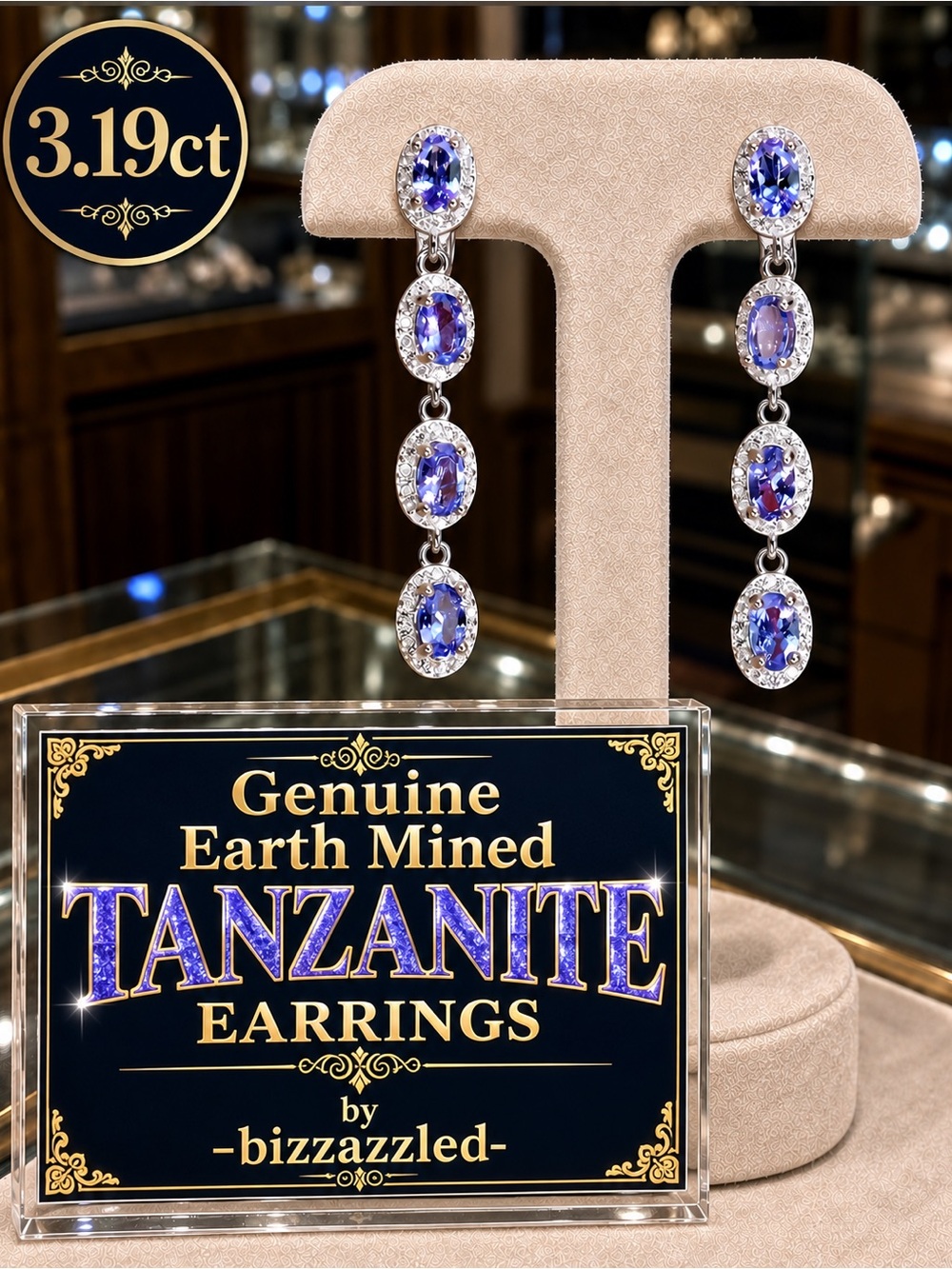Tanzanite Topaz Dangle Earrings Sterling Silver Genuine Blue White  3.19ct